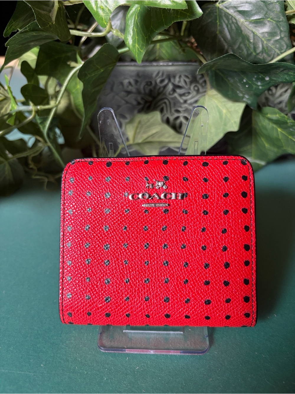 Coach Small Red Leather Snap Wallet with Black Polka Dots